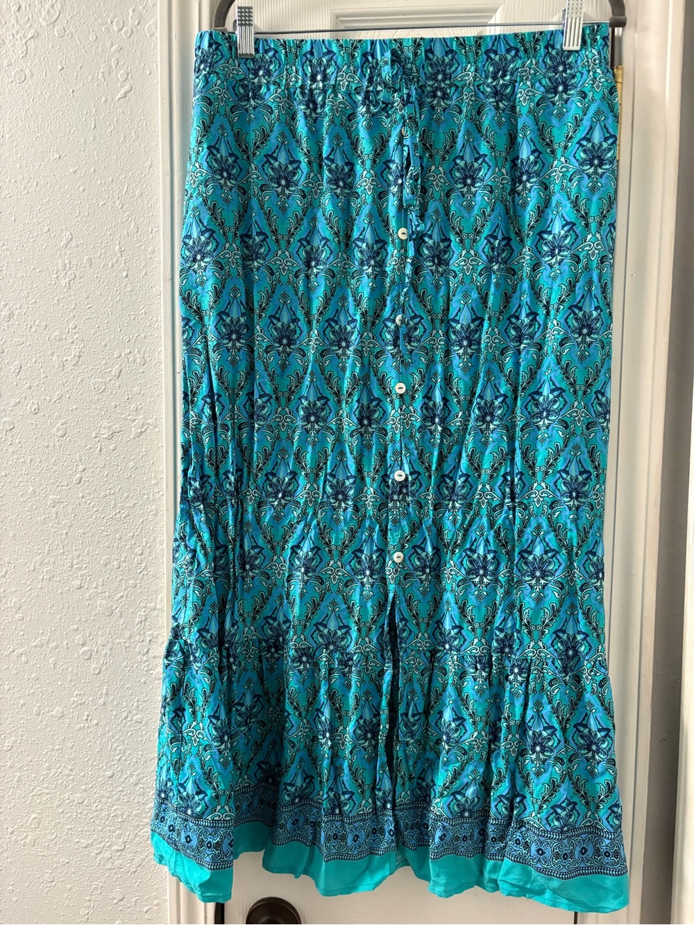 BloomChic Turquoise and Navy Button-Front Tiered Maxi Skirt